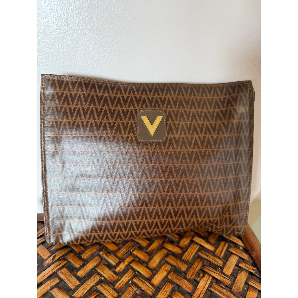 Valentino Brown leather Second bag Monogram Clutch Vintage Designer Pouch OS COA